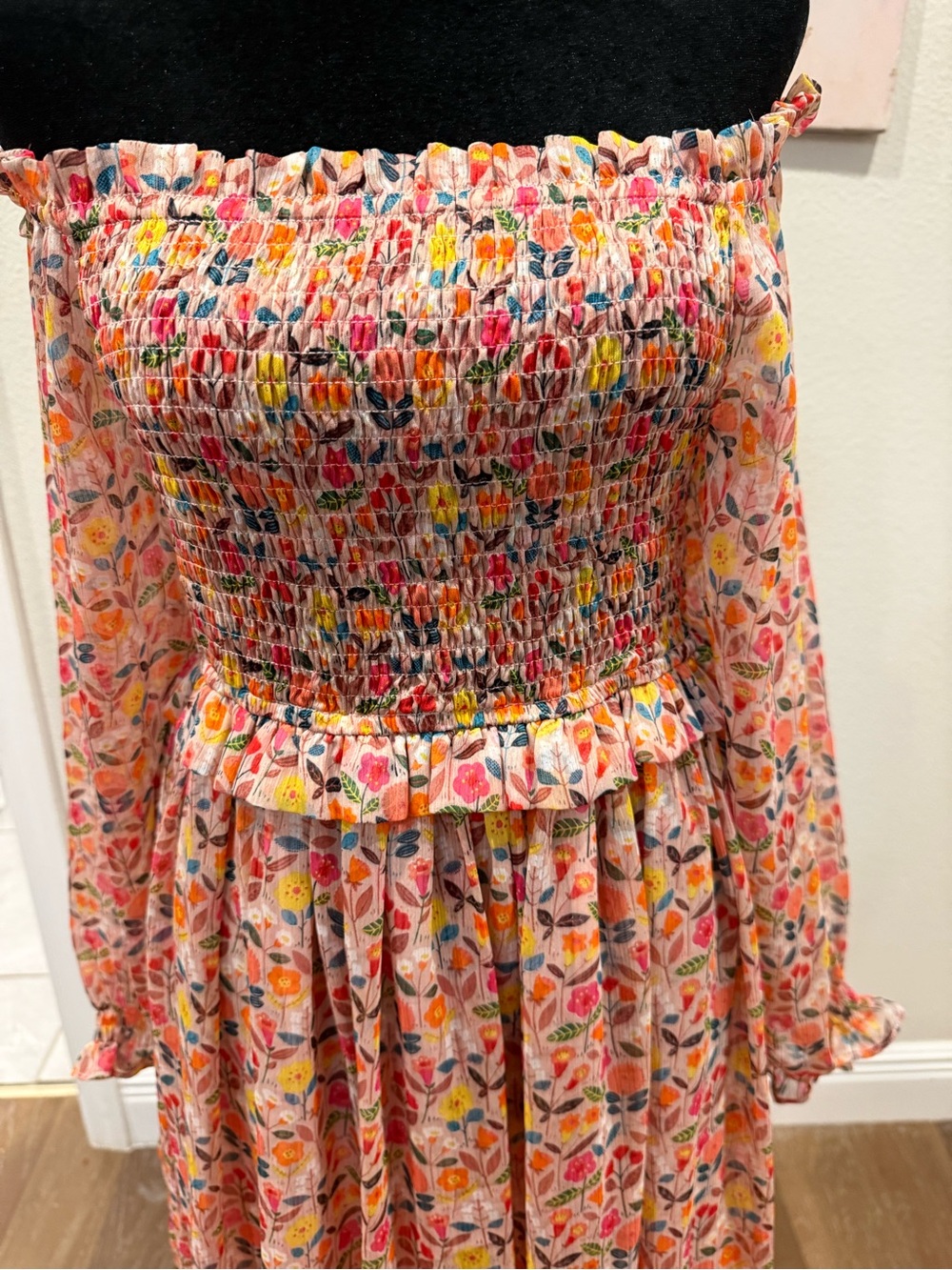 Scout & Molly's Peach Floral Smocked off Shoulder Maxi Dress